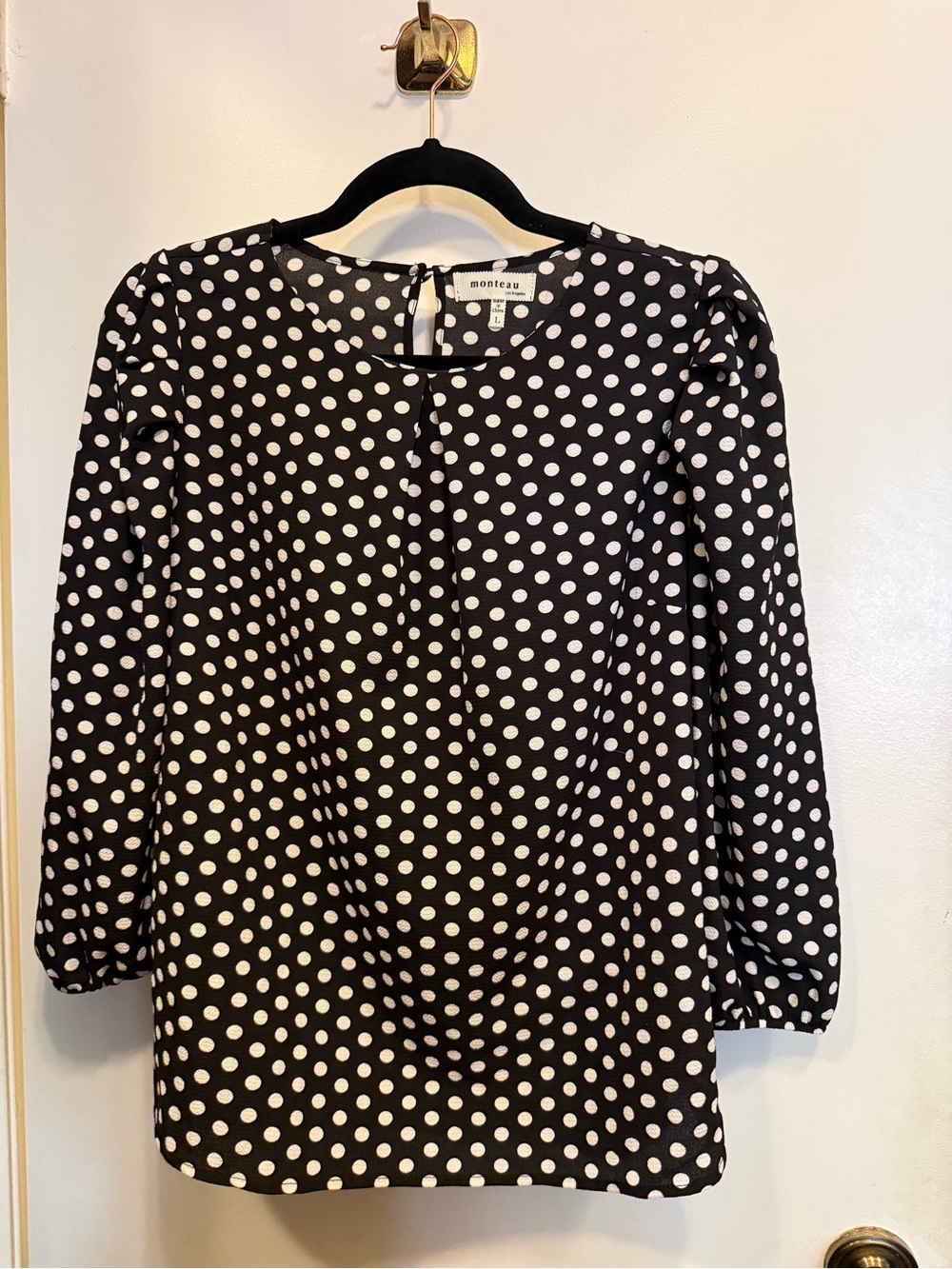 Monteau Black and White Polka Dot Long-Sleeve Dress Top